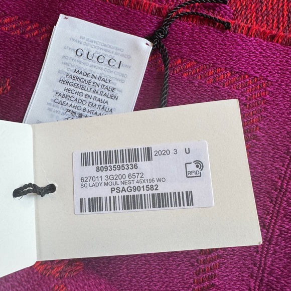 GUCCI EMBROIDERED GG Supreme 45x95 Women’s Scarf Flame Pink BNWT Made In Italy - Picture 15 of 16